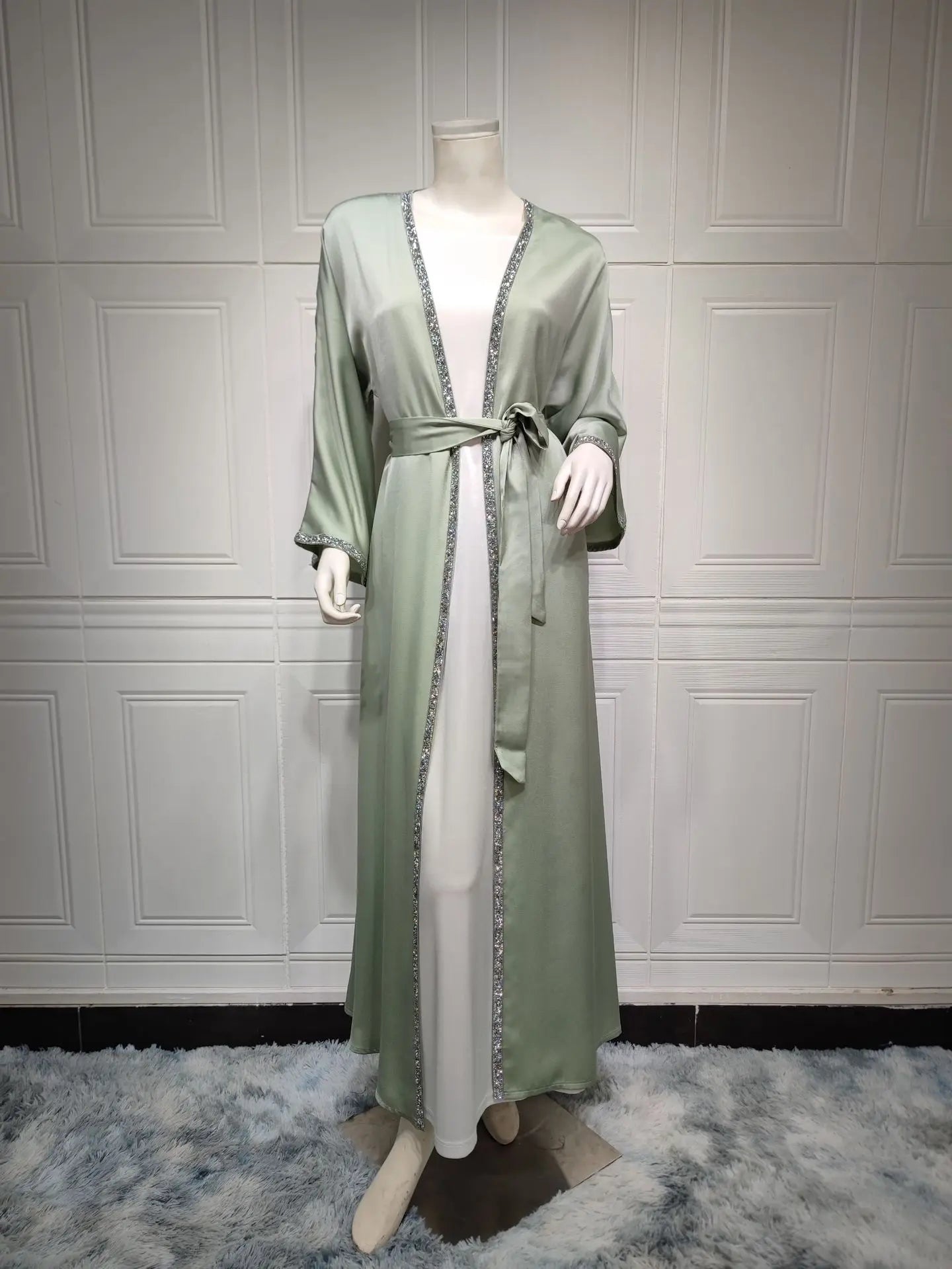 2024 Muslim Dress Diamond Women's Long Dress Fashion Long Sleeve Lace-up Long Abayas Casual Solid Color Clothes for Muslim Women