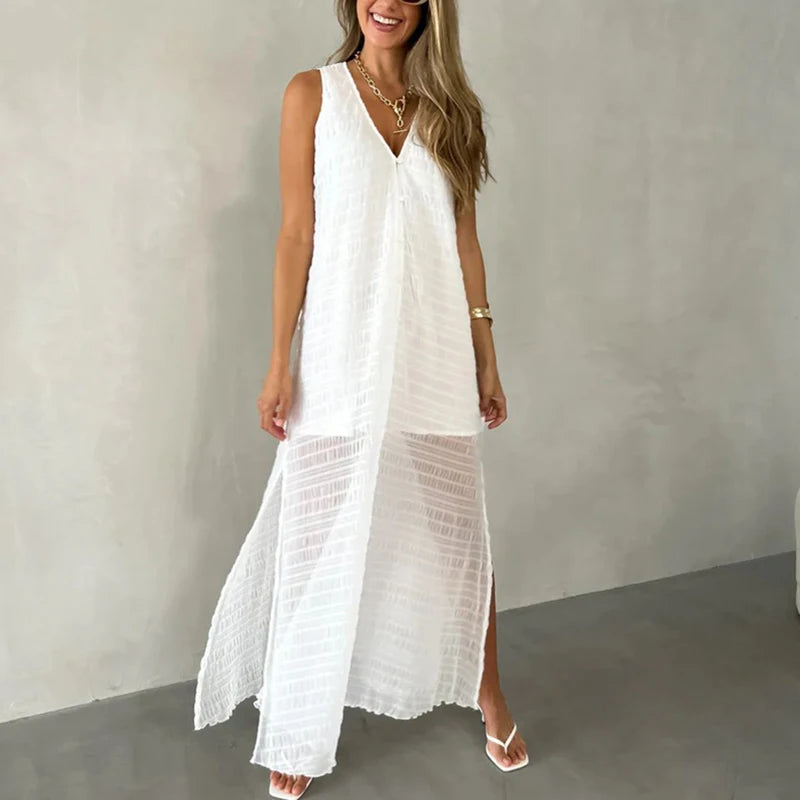 Casual V Neck Button Lace Party Dresses Woman Spring Solid Split Pleated Long Dress Summer Sleeveless Hollow Holiday Beach Dress
