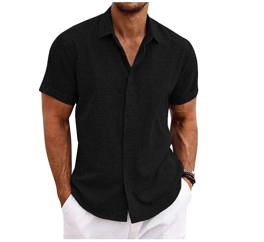 High Quality Cotton Linen Double Placket Men's Cardigan Short Sleeves Summer Home Use Lapel Shirt Cross-Border Style