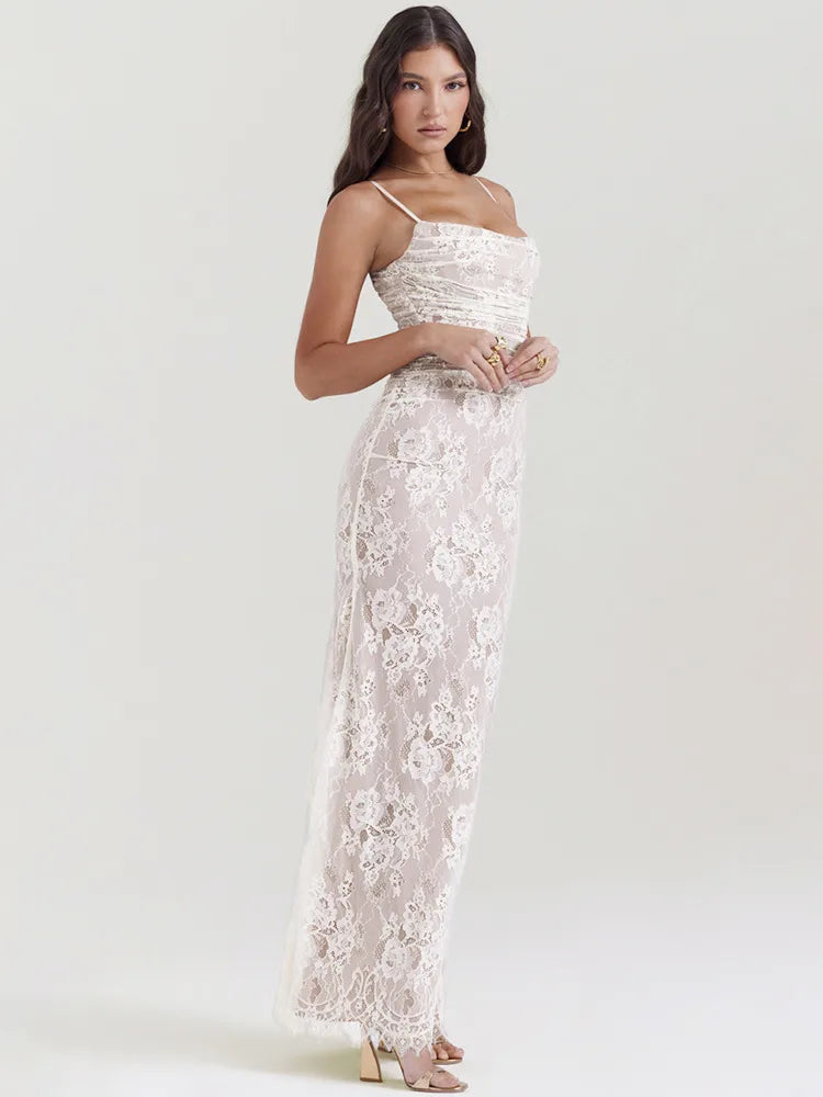 Mozision Elegant Lace Print Maxi Dress Set Women Fashion Spaghetti Strap Long Sleeve Bodycon Club Party Sexy Long Dress
