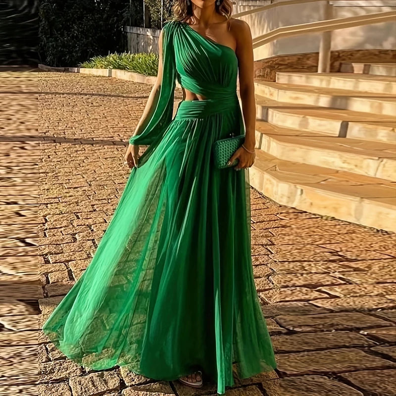 2025 Sexy Diagonal Neck High Waist Mesh Dress Fashion One Shoulder Sleeve Hollow Evening Dress Green Elegant Backless Long Dress