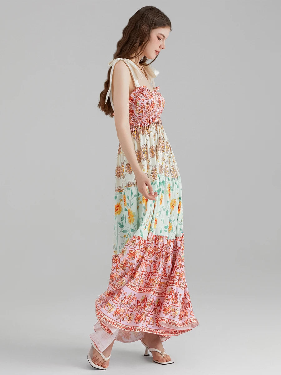 Combhasaki Women's Y2K Vintage Floral Print Ribbon Tie-Up Shoulder Straps Sleeveless V-Neck Summer Big Swing A-line Long Dress