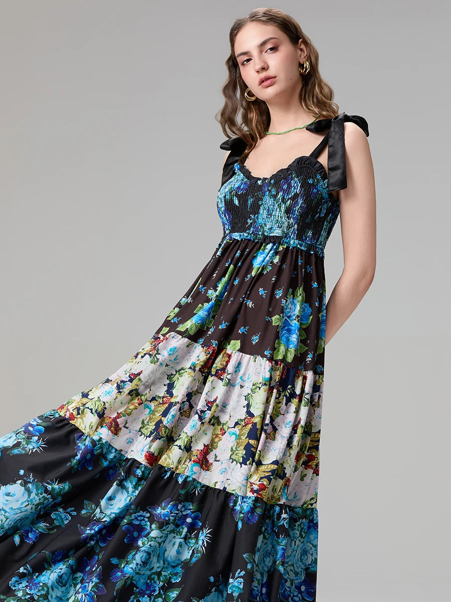 Combhasaki Women's Y2K Vintage Floral Print Ribbon Tie-Up Shoulder Straps Sleeveless V-Neck Summer Big Swing A-line Long Dress