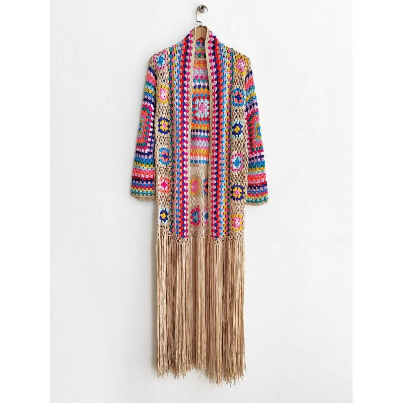 Crochet Knitted Women Cardigan Cover Ups Tassel Plaid Long Coat Bohemian 2023 Summer Beach Bikini Covers Sexy Hook Vestidos