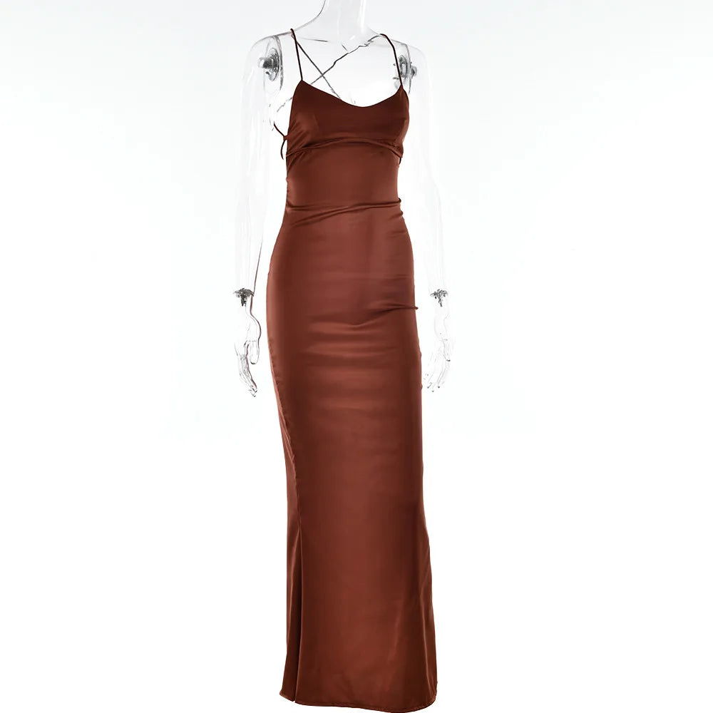 Women's Spaghetti Straps Satin Backless Sexy Dress Summer Beauty Elegant Party Evening Dress Tight Long Dress
