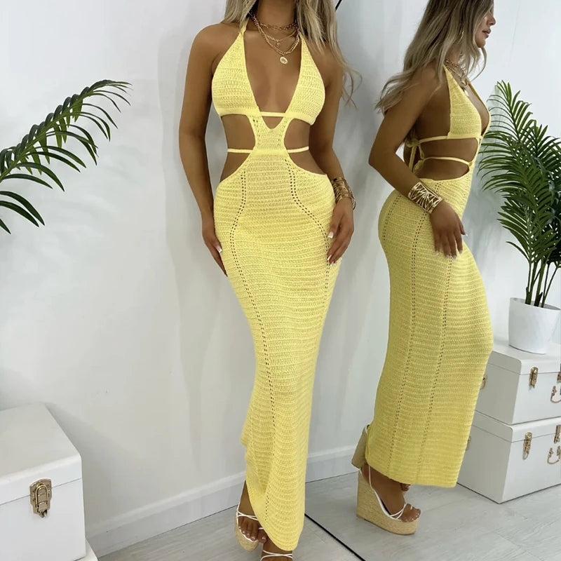 New Style Hollow Out Backless Tie Up Dress Women Beach Holiday Sun Bathing Sunscreen Long Dress Knitting Beachwear Cover Up