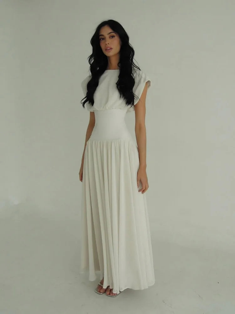 Elegant Sleeveless Girdling Long Dress Women O-neck High Waist Solid A-line Long Big Swing Dresses 2025 Summer Holiday Lady Robe
