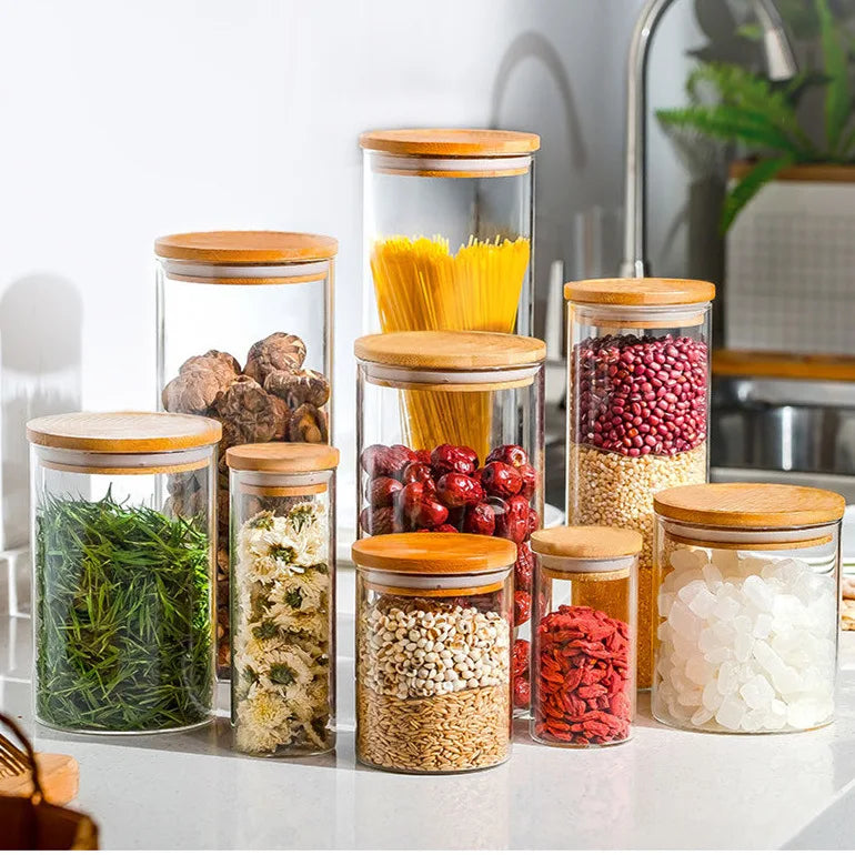 Kitchen Storage Tank Food Container Bambo Covered High Borosilicate Food Sealed Glass Tank Kitchen Miscellaneous Grain Organizer