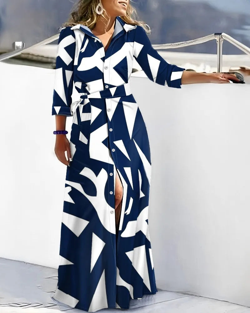 Autumn Lace-up Shirt Dresses Women Elegant Turn Down Collar Button Long Dress Women Fashion Striped Print Party Dress 2023