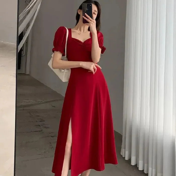 Sweet Vintage French Style Women's Long Dress Summer Hot Sale Of The Season New Bubble Sleeve Square Collar A- Line Split Skirt