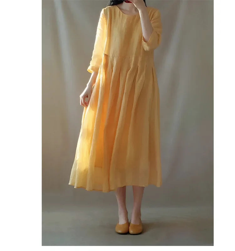 In-stock Korean Lightweight Elegant Dress Artistic Vintage Loose-fit Travel Vacation Long Dress Cotton Linen Women's Clothing