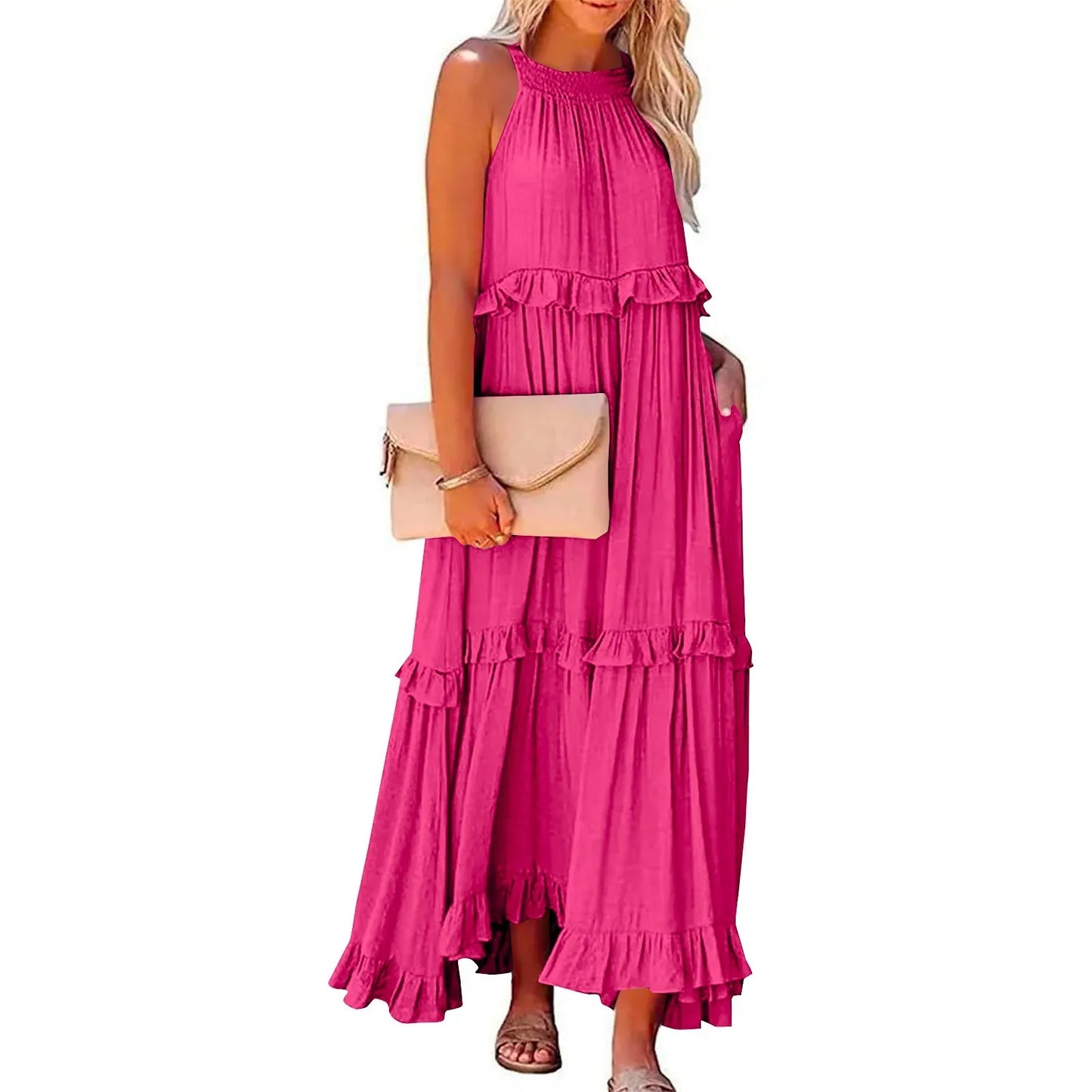 Women's Ruffled hem layered long dresses Summer Sleeveless backless dress Fashion Long Dress Big Swing Beach Dress vestidos