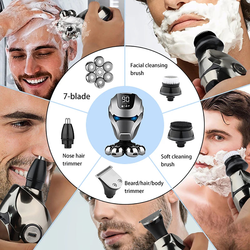 5-IN-1 Men Electric Shaver Rechargeable Bald Head 7D Floating Blade Head Beard Nose Ear Hair Trimmer Razor Clipper Facial Brush