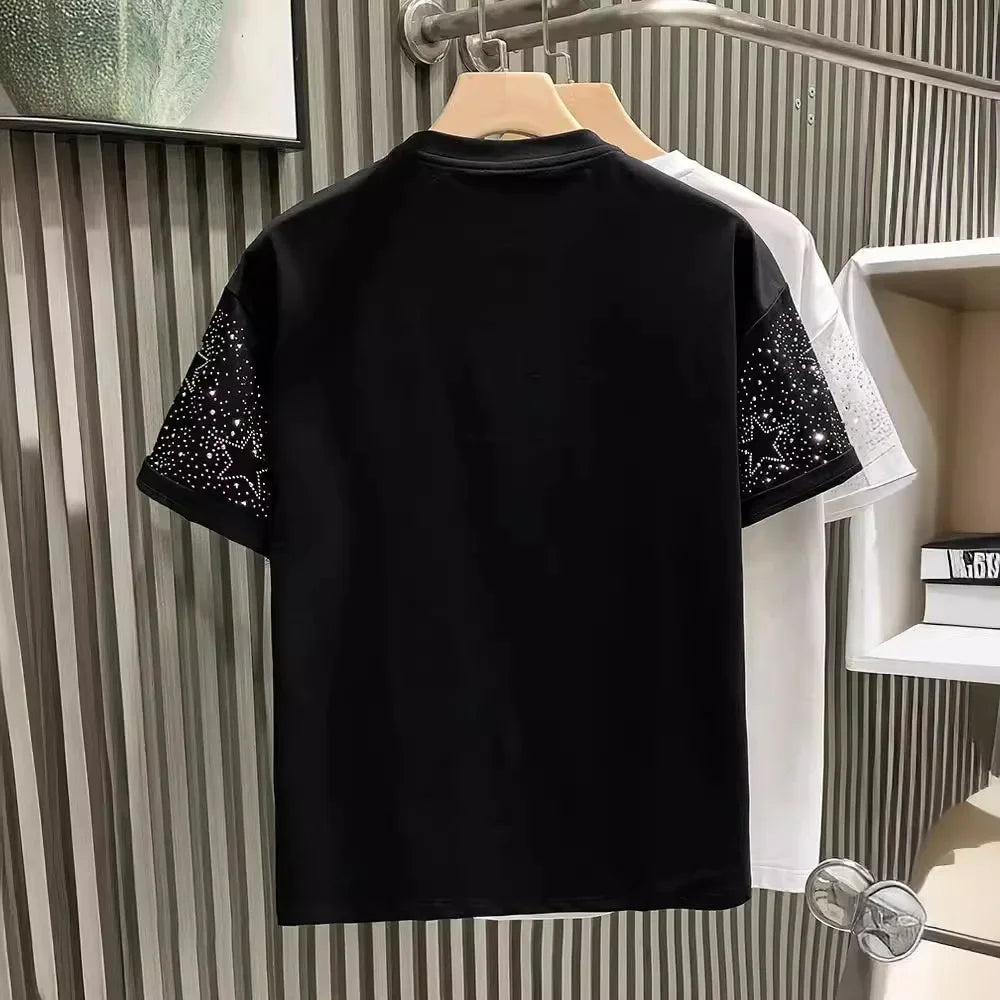 Fashionabletrendy European Style Luxury Men's Short Sleeve T-shirt Star Embroidery Network Red Hot Sell Niche Half Sleeve Tee