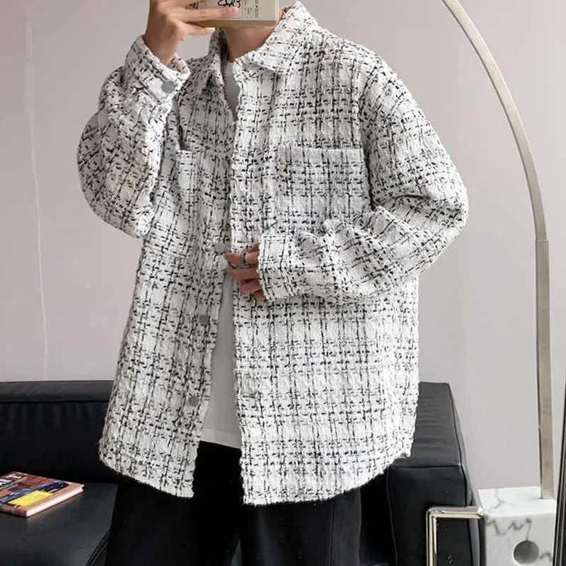 Men's Spring/Autumn/Winter Woolen Tweed Slim Fit Collarless Jacket with Color Blocking Design for a Youthful Look