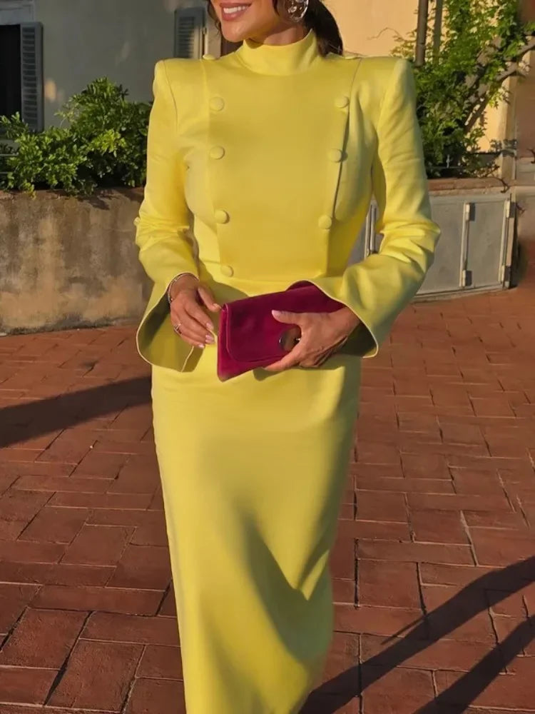 UOOZEE 2025 New Women Elegant Party Evening Midi Dresses Fashion Buttoned Flared Sleeves High Waisted A-line Commute Long Dress