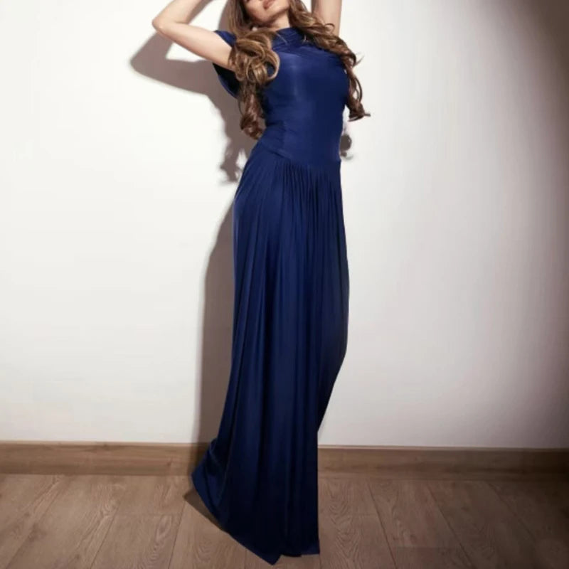 Elegant O Neck Pleated Slim Evening Dress Fashion Summer Short Sleeved High Waist Long Dress Casual 2025 Street Solid Robe Dress