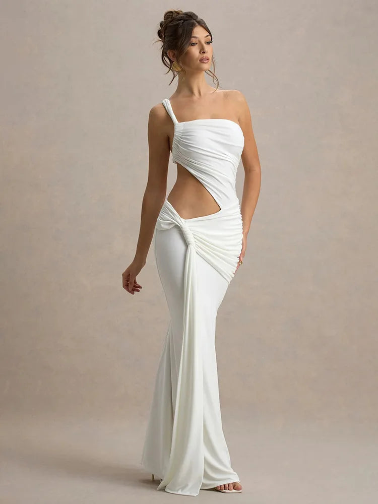 Mozision Irregular Ruched Sexy Maxi Dress For Women Gown Hollow Out One Shoulder Sleevelessdraped Bodycon Club Party Long Dress