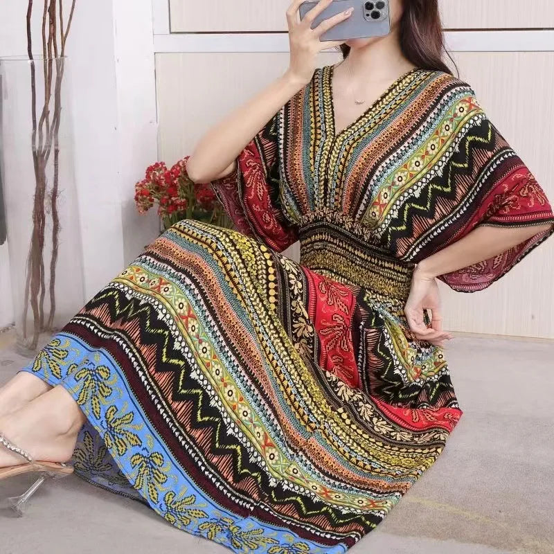 V-neck Large Skirt Hem Casual Sweet Holiday Long Dress Bat Sleeves Elastic Waist Bohemian Print Floral Elegant Dresse For Women