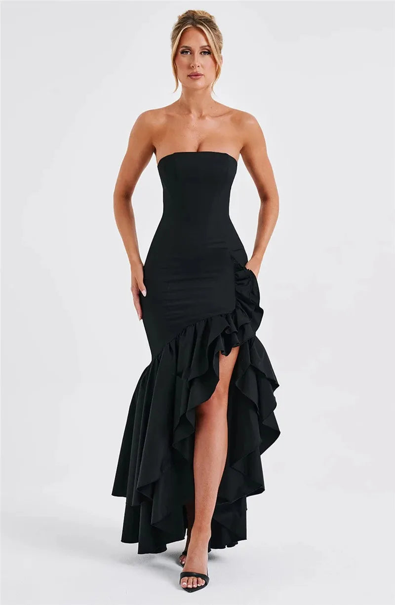 Mozision Strapless High Split Ruffle Long Dress For Women Fashion Off-shoulder Backless Sleeveless Bodycon Club Party Sexy Dress