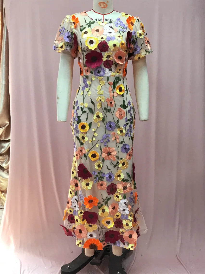 Women Long Dress Commuter Round Neck Embroidered Three-dimensional Floral Puff Sleeves Elegant High Waist Wrap The Buttocks