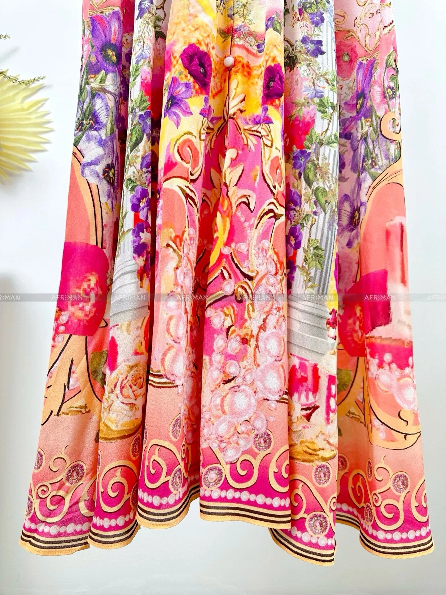 Women V Neck Crystal Beaded Pink Flower Print 3D Flower Embroidery Long Sleeve Silk Long Dress