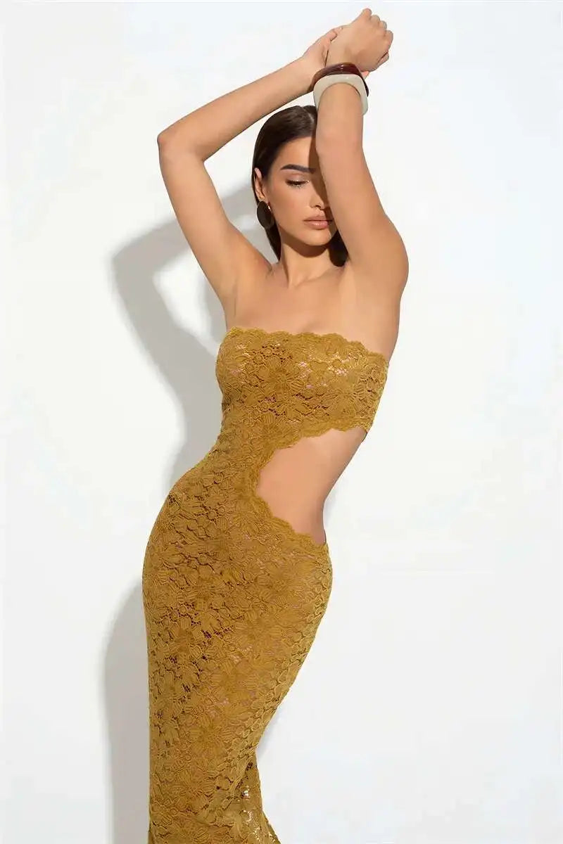 Blifanbo Backless Sexy Off-shoulder Maxi Dress Women Lace Sleeveless Strapless Hollow Out Skinny Club Party Long Dress Elegant