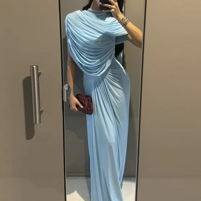 Elegant O Neck Pleated Slim Evening Dress Fashion Summer Short Sleeved High Waist Long Dress Casual 2025 Street Solid Robe Dress