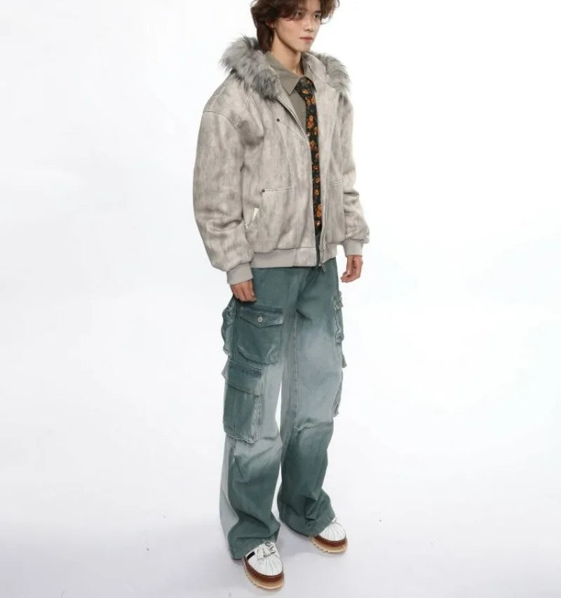 Y2K American New Fashion Solid Color Plus Velvet Padded Cotton-padded Jacket Coat Men Harajuku Hip-hop Popular Casual Couples