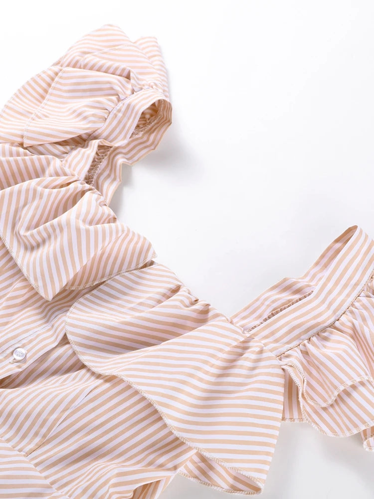 Flying Sleeve Ruffle Striped Slip Long Dress Women Elegant Square Collar Waist Cinching Pleat Party Dresses Chic Ladies Vestido