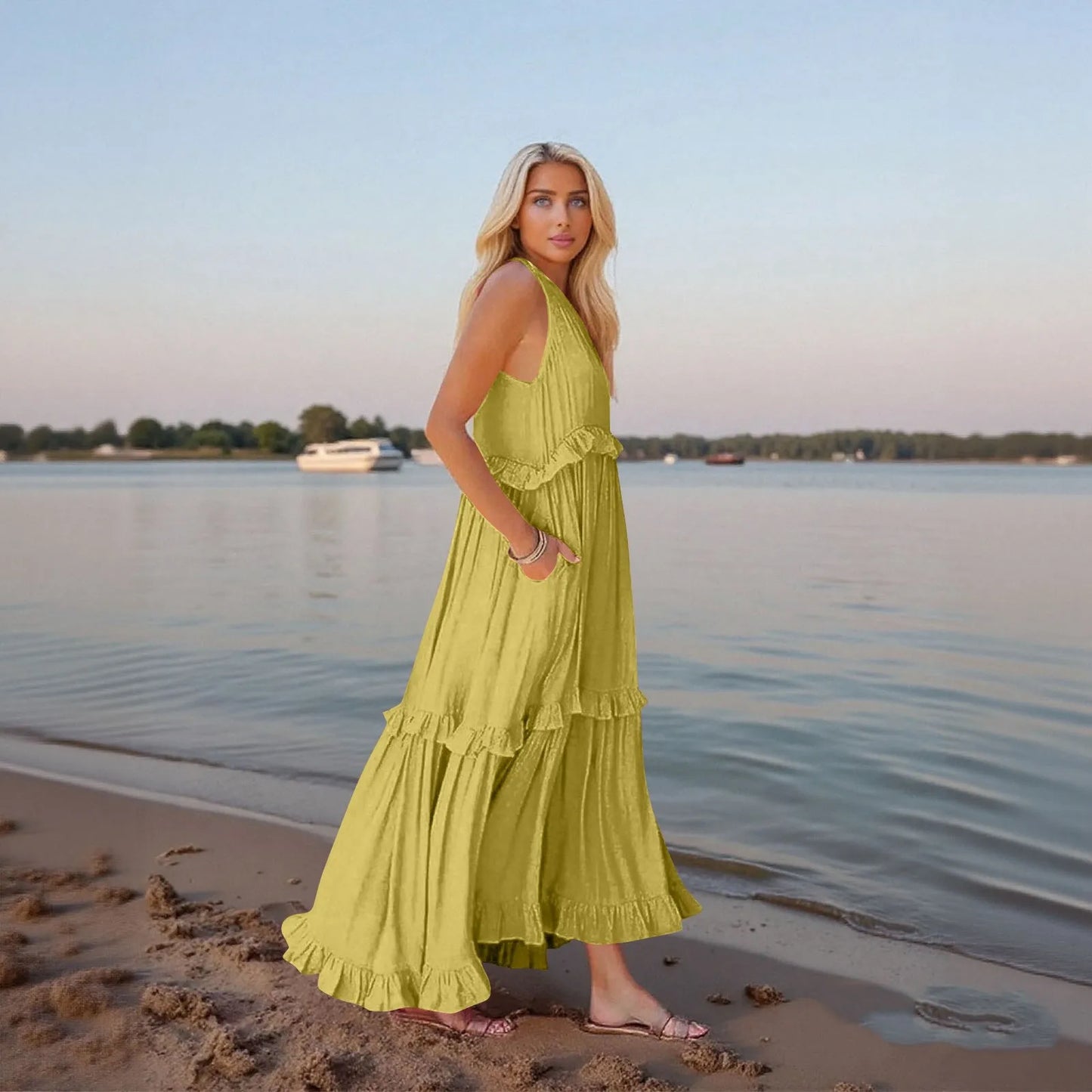 Women's Ruffled hem layered long dresses Summer Sleeveless backless dress Fashion Long Dress Big Swing Beach Dress vestidos