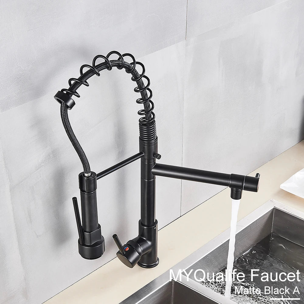 Black Pull Down Kitchen Sink Faucet Hot Cold Water Mixer Crane Tap with Dual Spout 360 Rotation High Faucet Deck Mounted