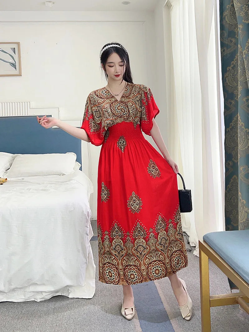 V-neck Large Skirt Hem Casual Sweet Holiday Long Dress Bat Sleeves Elastic Waist Bohemian Print Floral Elegant Dresse For Women