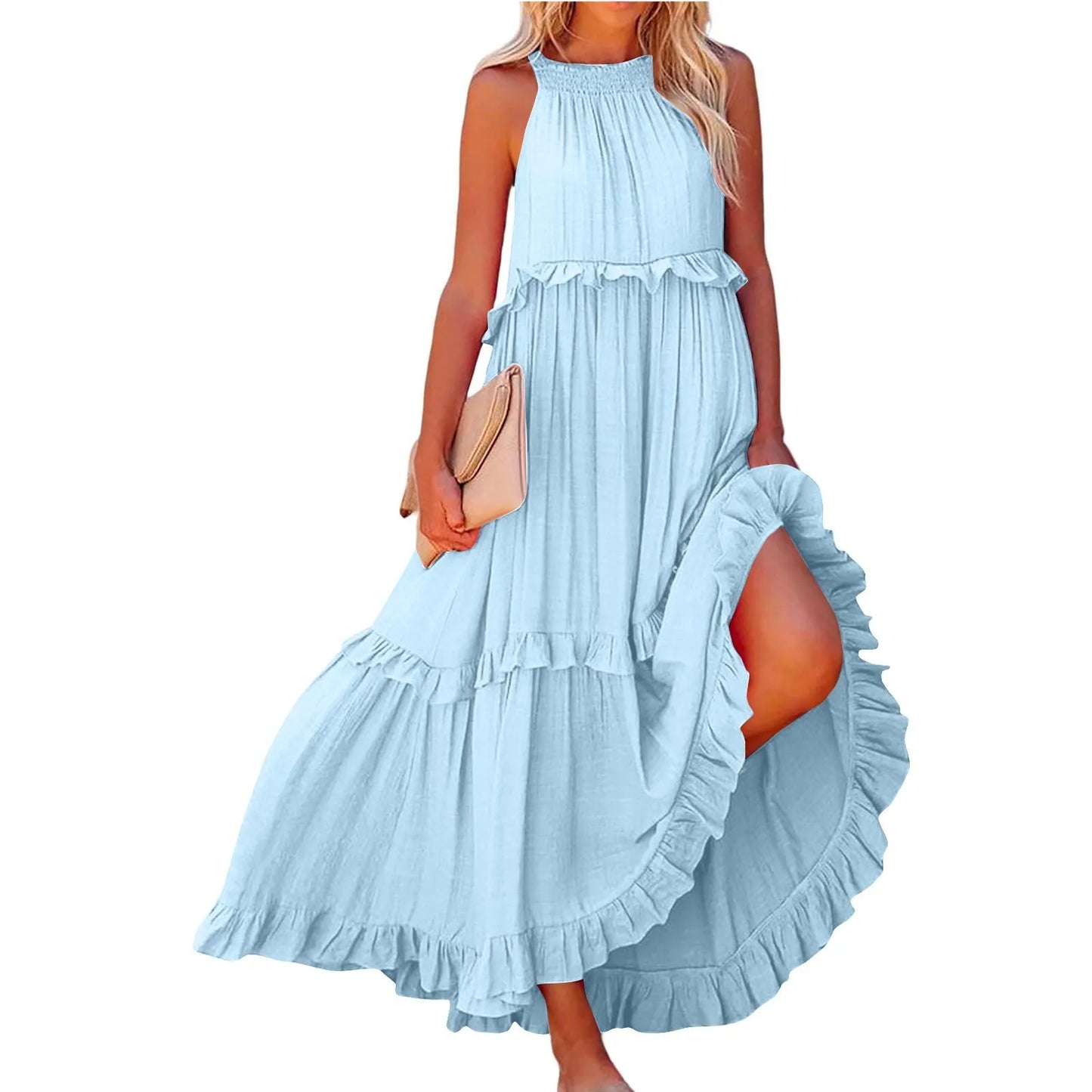 Women's Ruffled hem layered long dresses Summer Sleeveless backless dress Fashion Long Dress Big Swing Beach Dress vestidos