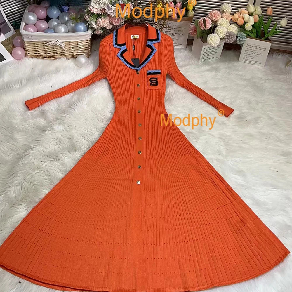 Modphy 2025 Elegant Slim Knitted Long Dress Women's Letter Single Breasted Long Sleeved Designer Vintage Dresses Autumn