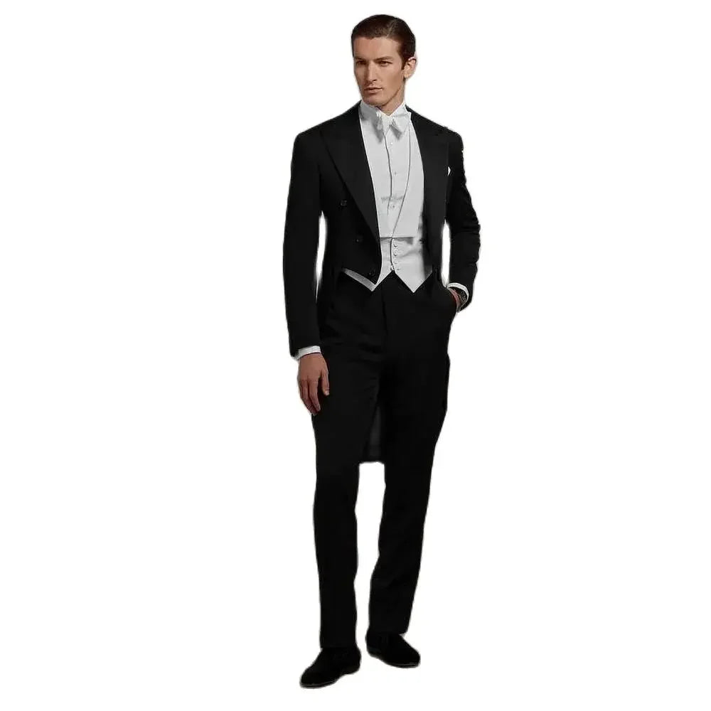 England Style Men Suits Elegant Peak Lapel Double Breasted Tailcoat Fashion Prom Concert Wedding Formal Male Suit 3 Piece Set