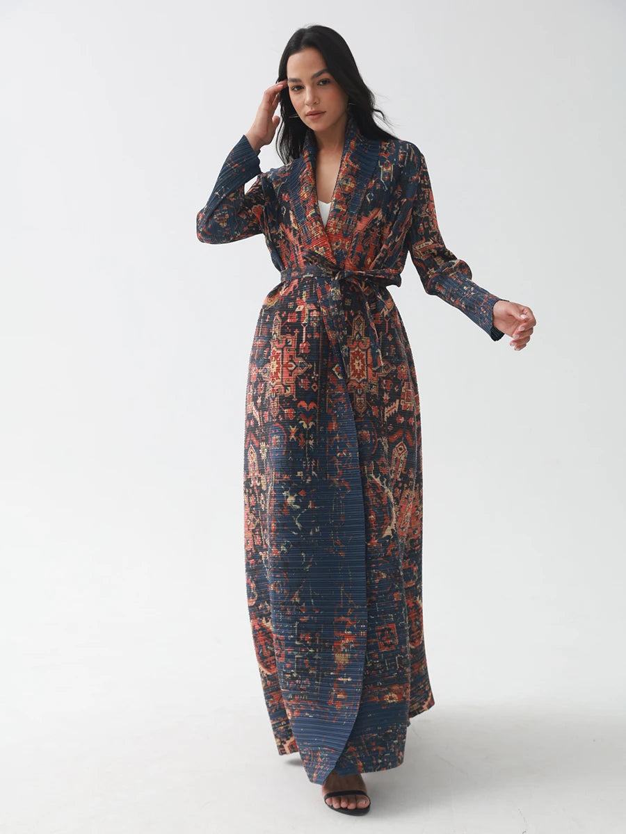 Miyake Pleated V-neck Batwing Sleeve Printed Dress Women Designer Abaya Fashion Summer Elegant Causal Loose Long Dress