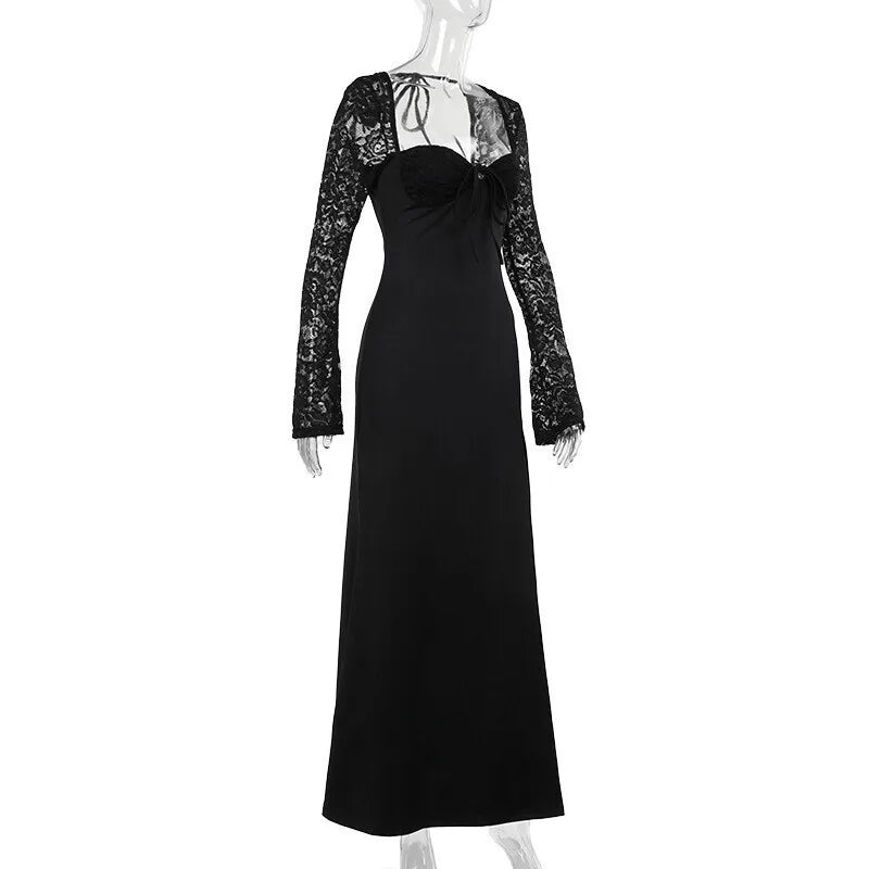 Mozision Lace Long Sleeve Sexy Maxi Dress Women Autumn New Square Collar Backless Lace-up High Split Sexy Club Party Long Dress