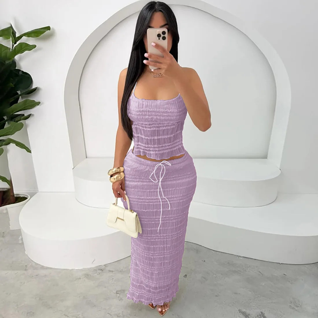 Chaxiaoa Chiffon Lace Sexy Skirt Two Piece Sets Women Halter Crop Tops and Maxi Skirt Ladies Fashion Woman Long Dress Set
