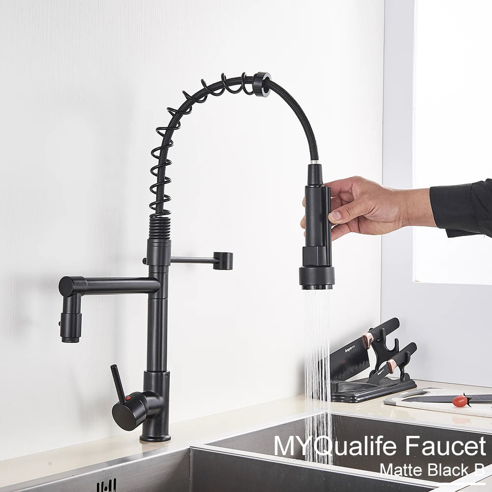 Black Pull Down Kitchen Sink Faucet Hot Cold Water Mixer Crane Tap with Dual Spout 360 Rotation High Faucet Deck Mounted