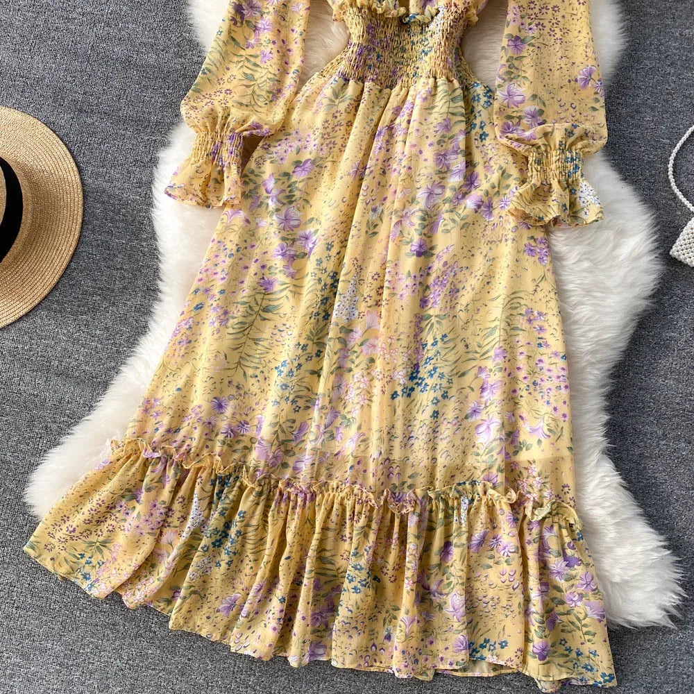 YuooMuoo 2025 Spring Summer Long Sleeve Chiffon Dresses Fashion Female Elastic Waist Pleated Long Dress Women Print Floral Dress
