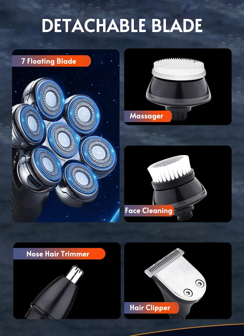 5-IN-1 Men Electric Shaver Rechargeable Bald Head 7D Floating Blade Head Beard Nose Ear Hair Trimmer Razor Clipper Facial Brush