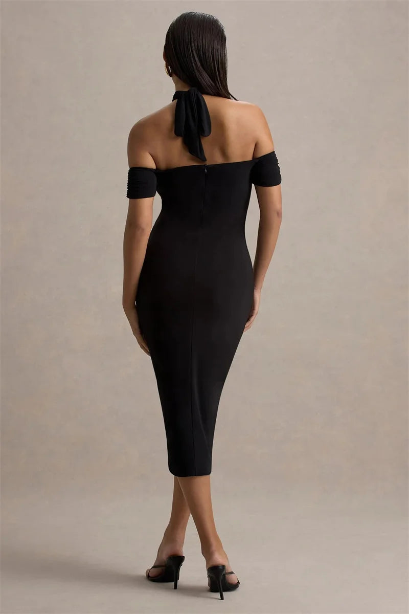 Mozision Hollow Out Halter Backless Sexy Midi Dress Women Fashion Off-shoulder Sleeveless Skinny Club Party Long Dress Elegant