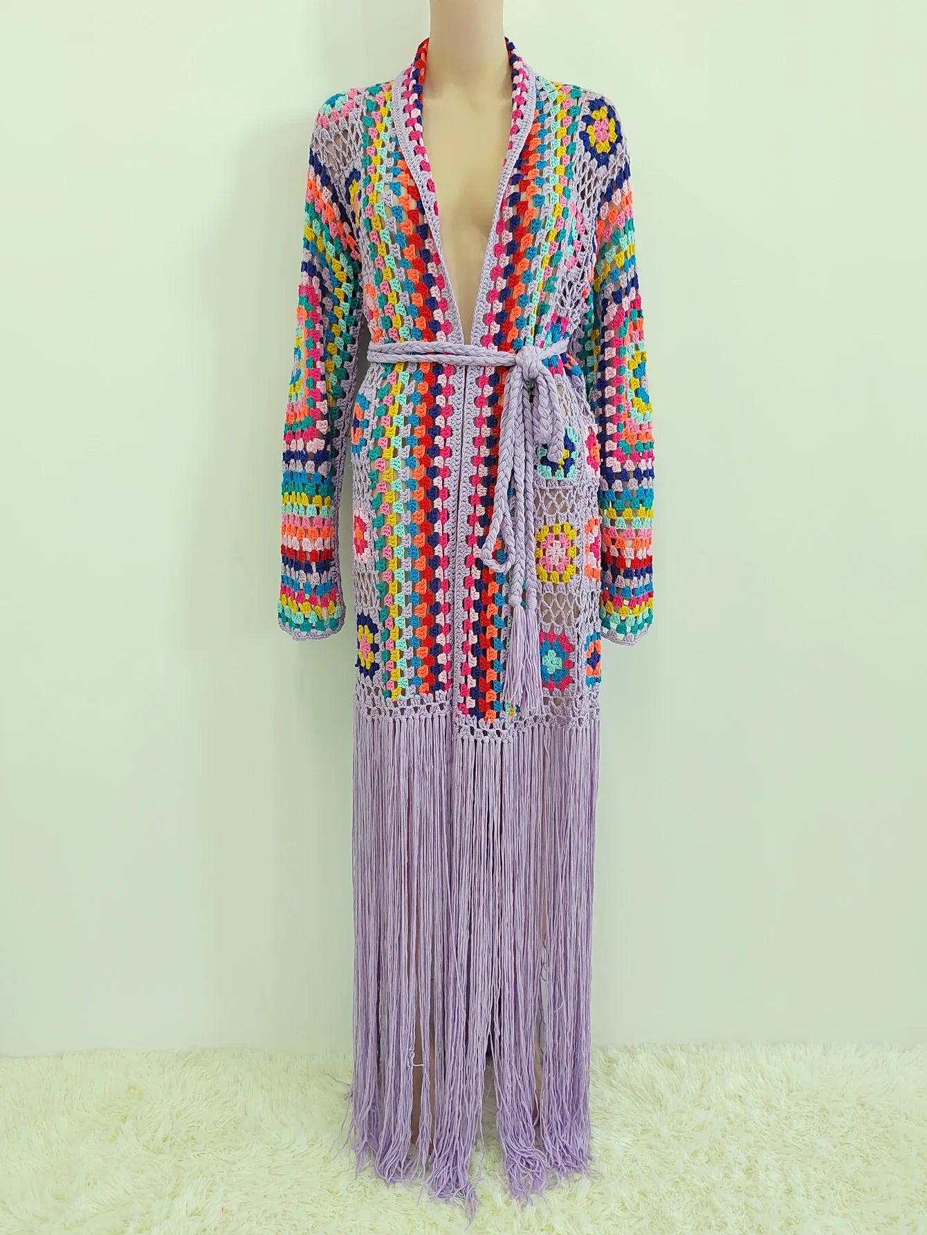 Crochet Knitted Women Cardigan Cover Ups Tassel Plaid Long Coat Bohemian 2023 Summer Beach Bikini Covers Sexy Hook Vestidos