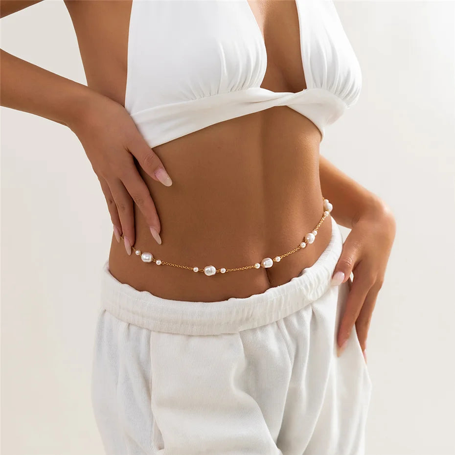 Ingemark Sexy Imitation Pearl Waist Belly Belt Chain for Women Summer Beach Bikini Boho Vacation Body Jewelry Y2K Accessories