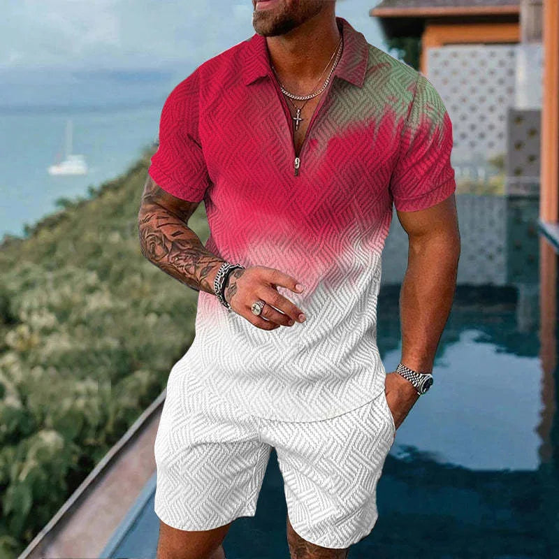 Solid Color Gradient Print Men's Sweatsuit Set Summer Casual Zipper Polo Shirt And Shorts 2pcs Sets Trend Man Pullover Clothing