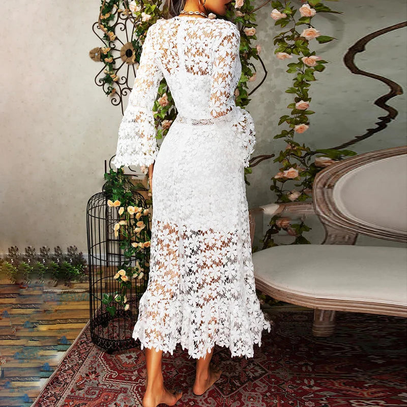 Sexy Autumn Lace Long Sleeve V-neck Big Show Long Dress Women Polyester Fabric High Waist Hollow Out Design Summer Style