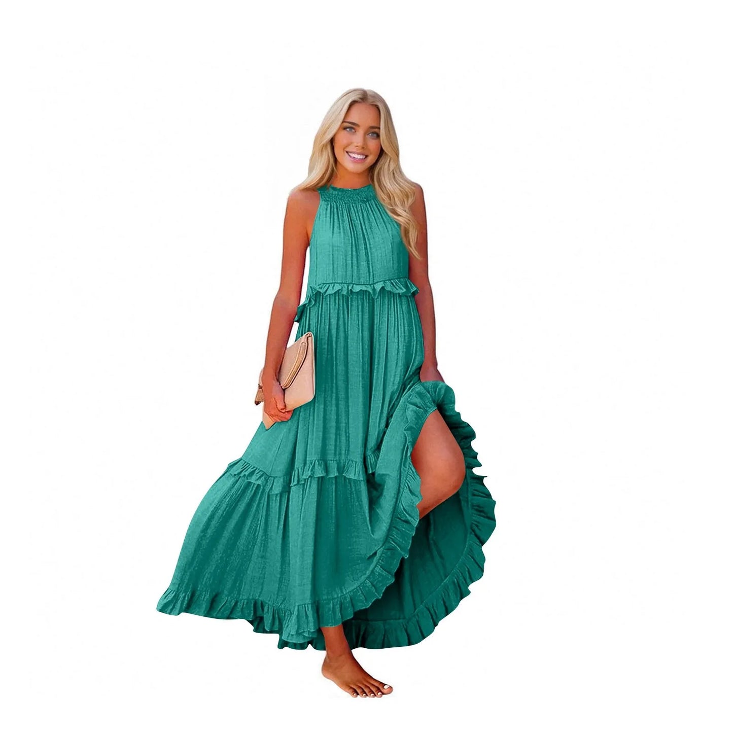 Women's Ruffled hem layered long dresses Summer Sleeveless backless dress Fashion Long Dress Big Swing Beach Dress vestidos