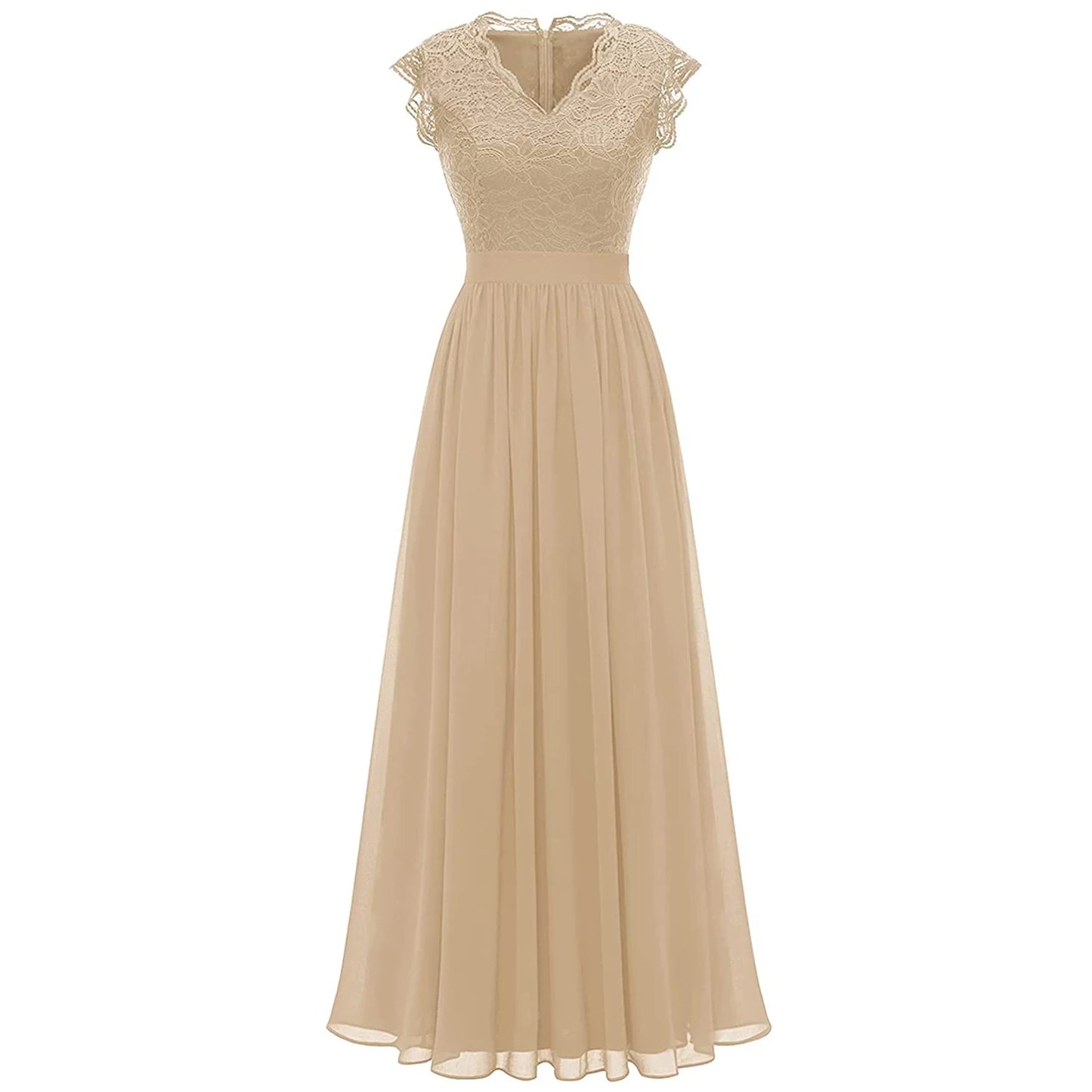 Elegant Women's Party Bridesmaid Long Dress Lace Patchwork Chiffon Sleeveless Wedding V Neck One Piece Formal Party Midi Dress