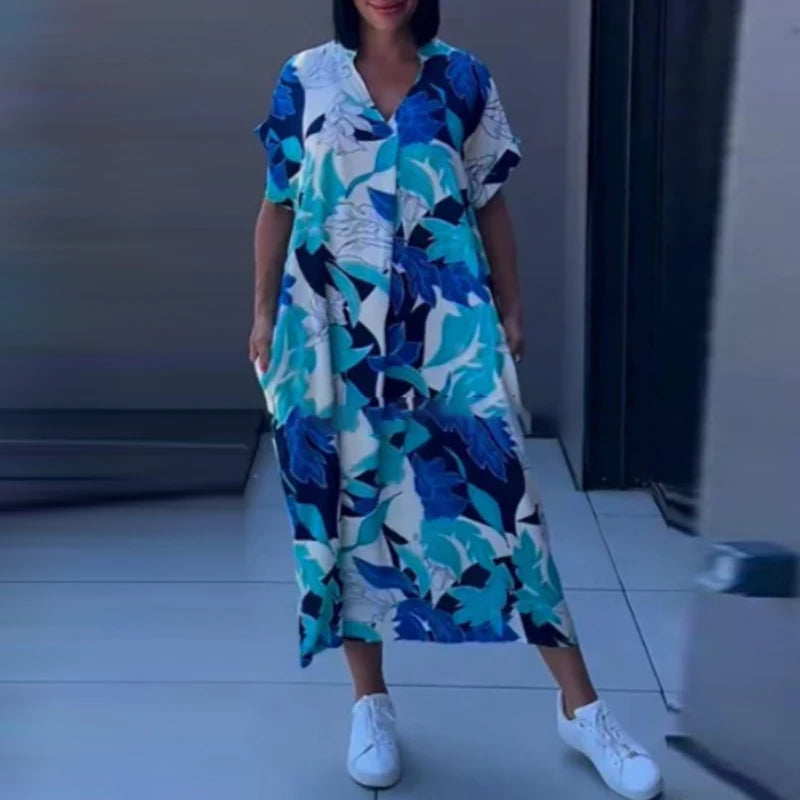 Retro Fashion Spring V Neck Party Dresses Woman Elegant Floral Print A-Line Long Dress 2025 Summer Short Sleeve Loose Boho Dress